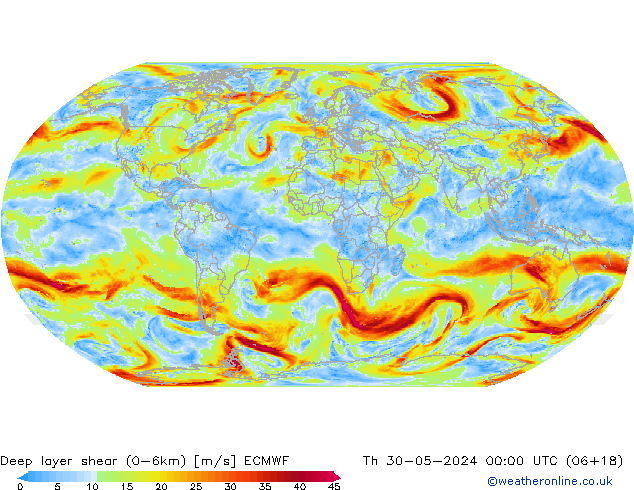 Deep layer shear (0-6km) ECMWF do 30.05.2024 00 UTC