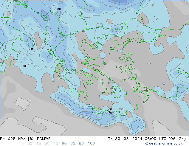 RH 925 hPa ECMWF czw. 30.05.2024 06 UTC