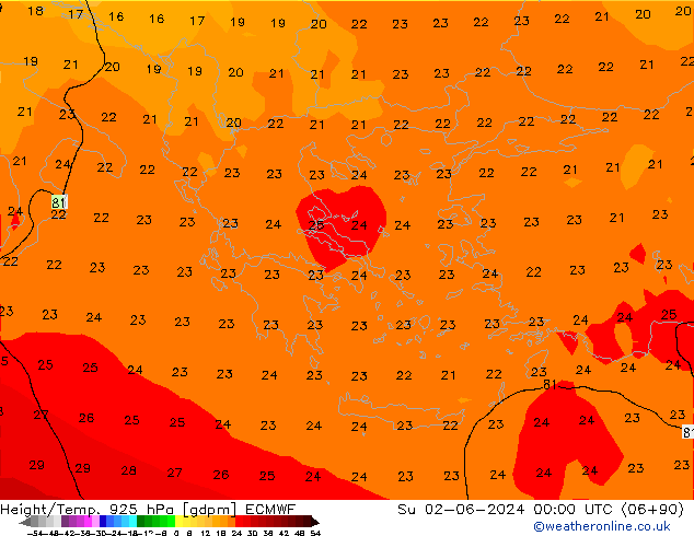 Yükseklik/Sıc. 925 hPa ECMWF Paz 02.06.2024 00 UTC