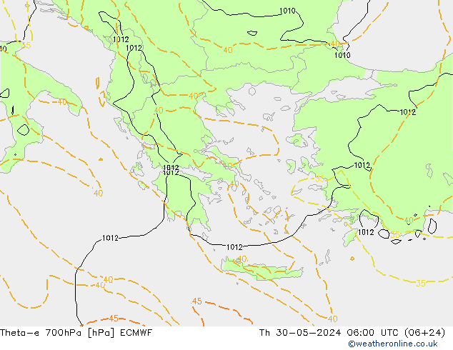 Theta-e 700hPa ECMWF Čt 30.05.2024 06 UTC