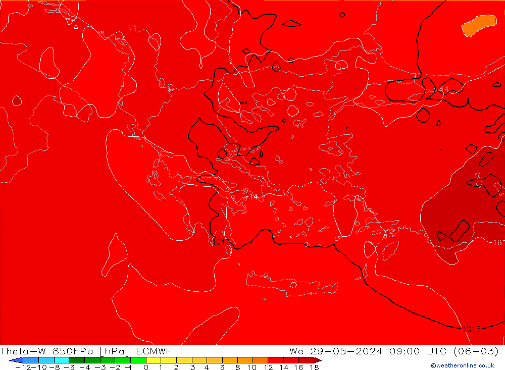 Theta-W 850hPa ECMWF We 29.05.2024 09 UTC