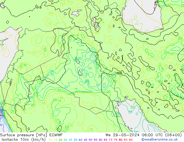 Isotachs (kph) ECMWF We 29.05.2024 06 UTC