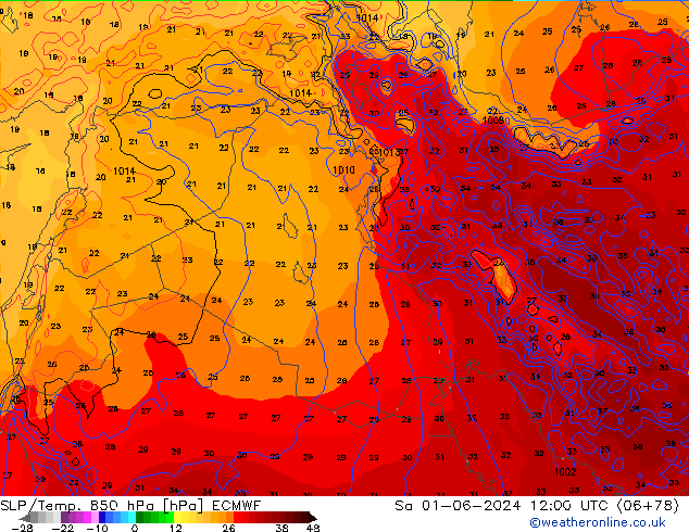 SLP/Temp. 850 hPa ECMWF Sáb 01.06.2024 12 UTC