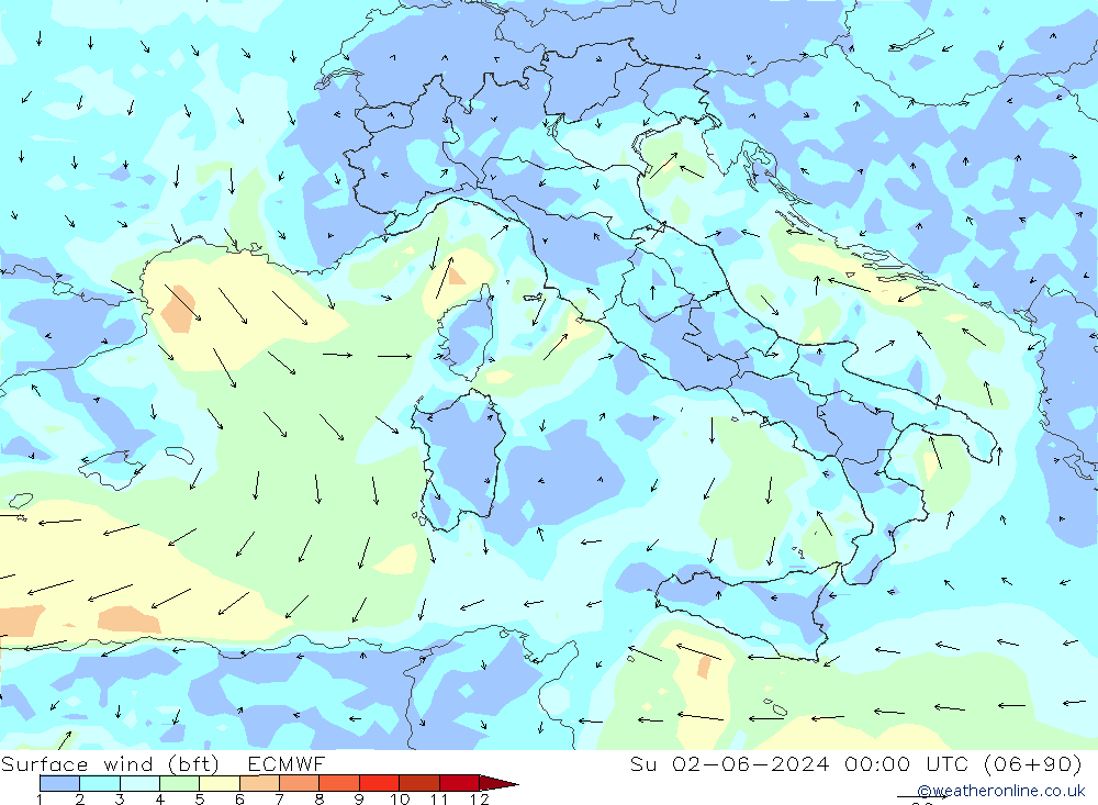 Vent 10 m (bft) ECMWF dim 02.06.2024 00 UTC