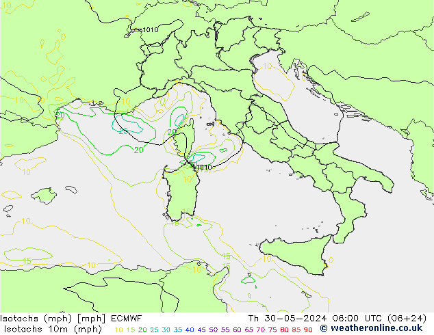 Isotachs (mph) ECMWF Qui 30.05.2024 06 UTC