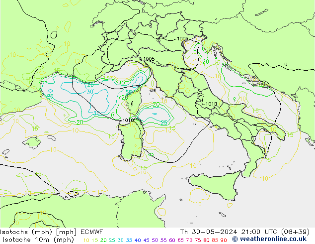 Isotachen (mph) ECMWF do 30.05.2024 21 UTC