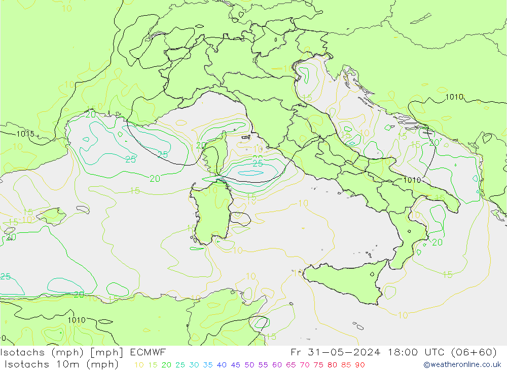 Isotachs (mph) ECMWF Pá 31.05.2024 18 UTC