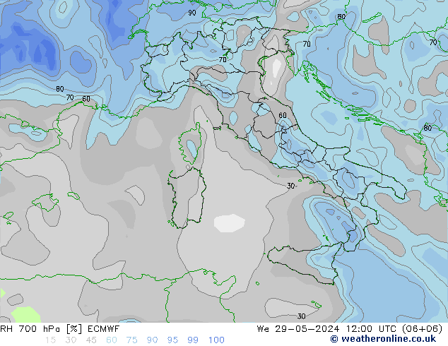 RH 700 hPa ECMWF Qua 29.05.2024 12 UTC