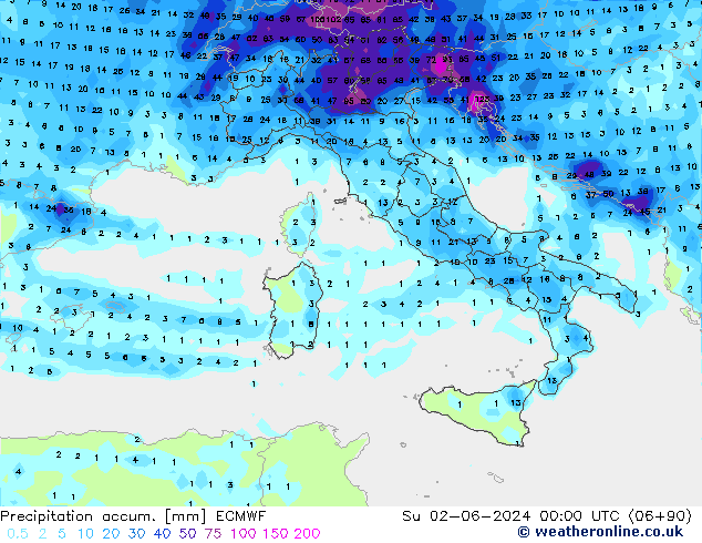 Precipitation accum. ECMWF Ne 02.06.2024 00 UTC