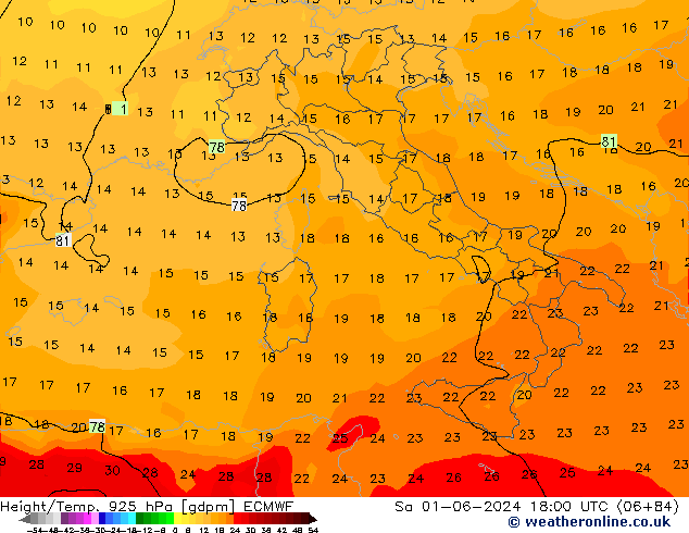 Height/Temp. 925 hPa ECMWF Sáb 01.06.2024 18 UTC