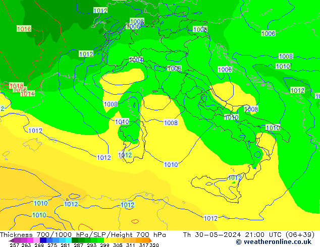 Thck 700-1000 hPa ECMWF gio 30.05.2024 21 UTC