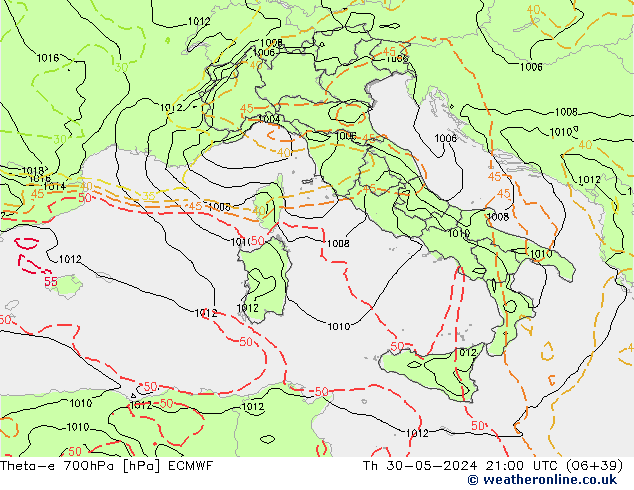 Theta-e 700hPa ECMWF Per 30.05.2024 21 UTC