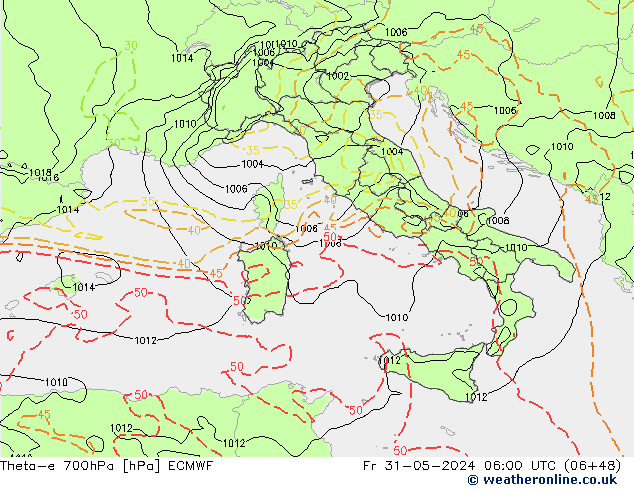 Theta-e 700hPa ECMWF Fr 31.05.2024 06 UTC