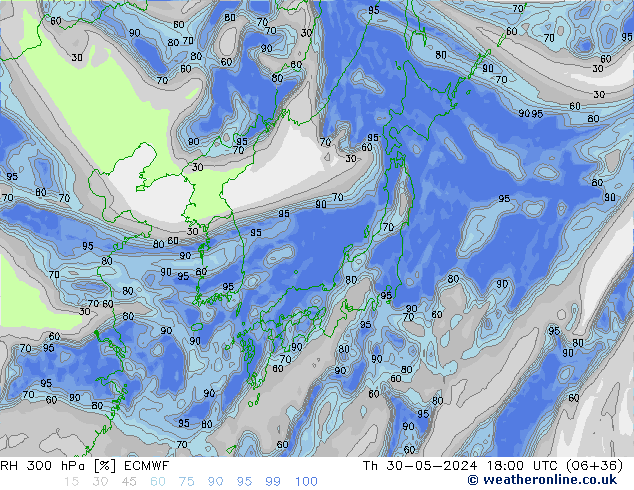 RH 300 hPa ECMWF Čt 30.05.2024 18 UTC