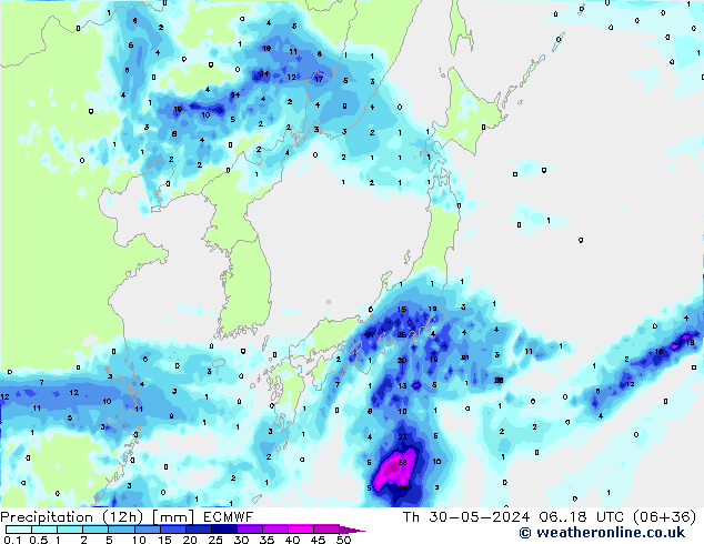 Totale neerslag (12h) ECMWF do 30.05.2024 18 UTC