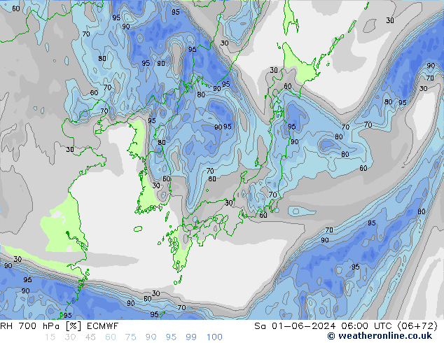 RH 700 hPa ECMWF Sa 01.06.2024 06 UTC