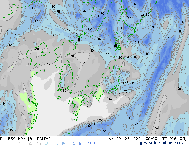 RH 850 hPa ECMWF We 29.05.2024 09 UTC