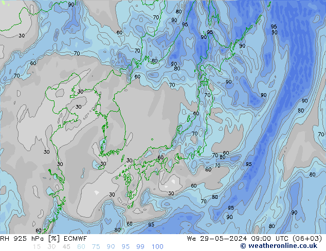 RH 925 hPa ECMWF We 29.05.2024 09 UTC