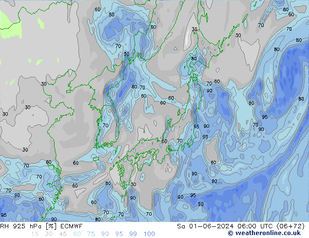 RH 925 hPa ECMWF Sa 01.06.2024 06 UTC