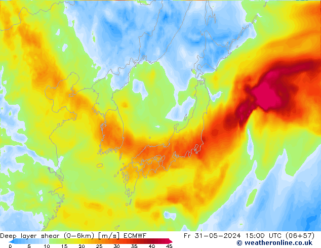 Deep layer shear (0-6km) ECMWF vr 31.05.2024 15 UTC