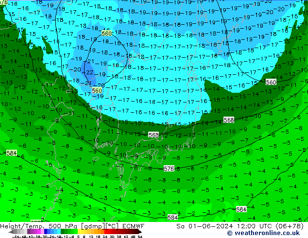 Height/Temp. 500 hPa ECMWF Sa 01.06.2024 12 UTC