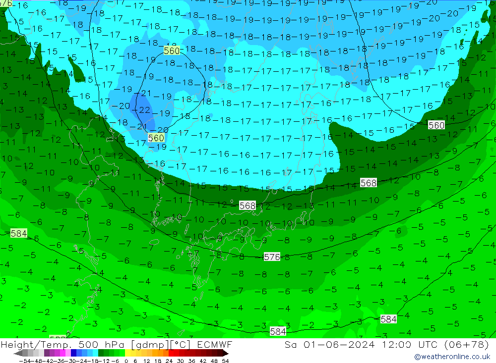 Hoogte/Temp. 500 hPa ECMWF za 01.06.2024 12 UTC