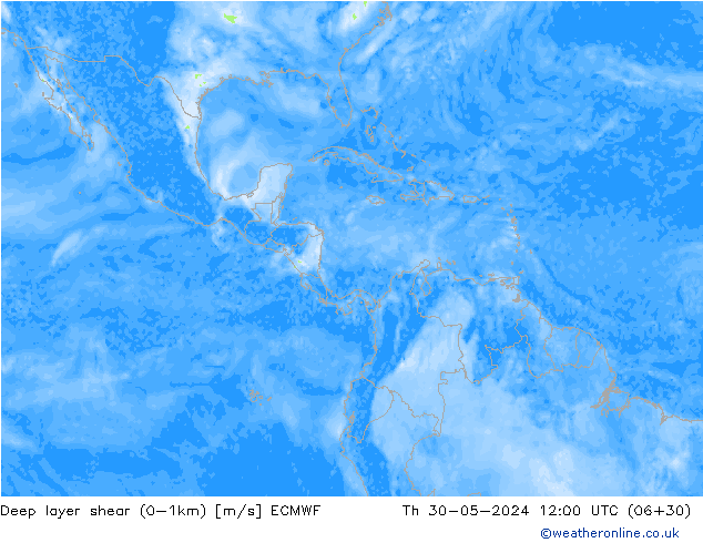 Deep layer shear (0-1km) ECMWF Qui 30.05.2024 12 UTC