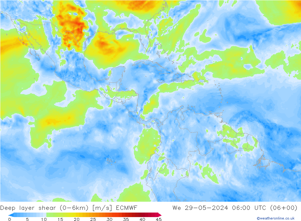 Deep layer shear (0-6km) ECMWF Qua 29.05.2024 06 UTC