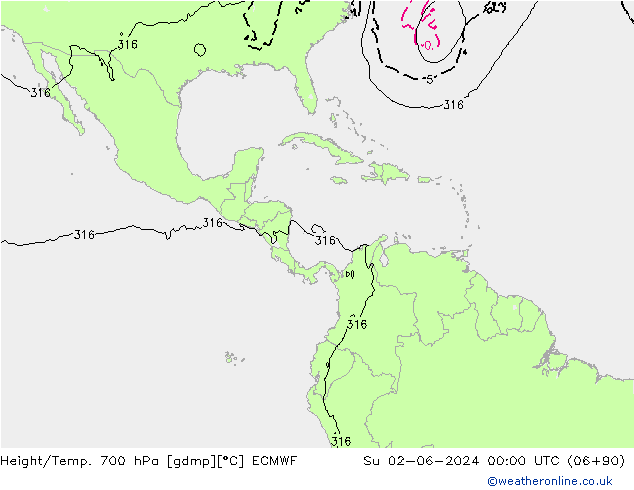 Height/Temp. 700 гПа ECMWF Вс 02.06.2024 00 UTC