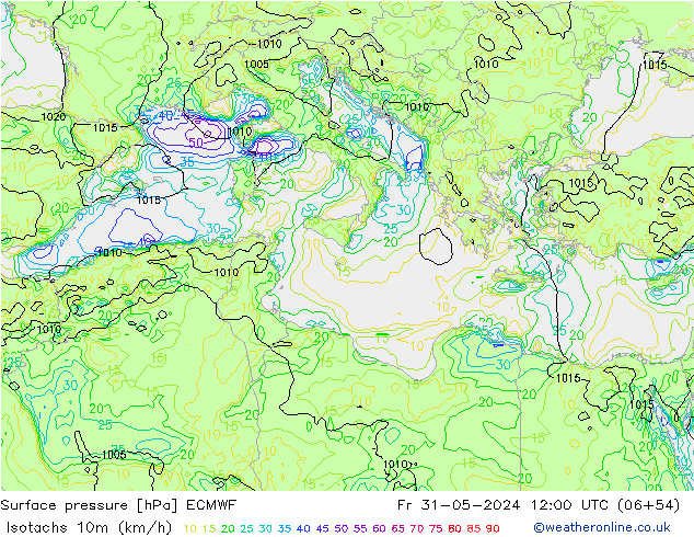 Isotachs (kph) ECMWF Fr 31.05.2024 12 UTC