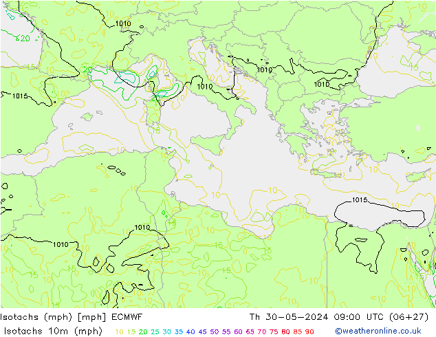 Isotachs (mph) ECMWF Th 30.05.2024 09 UTC