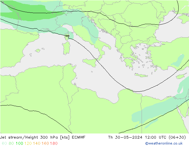 Jet stream/Height 300 hPa ECMWF Čt 30.05.2024 12 UTC