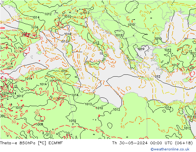 Theta-e 850hPa ECMWF Qui 30.05.2024 00 UTC