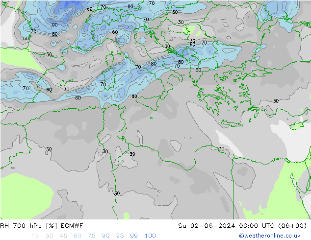 RH 700 hPa ECMWF Ne 02.06.2024 00 UTC