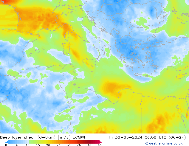 Deep layer shear (0-6km) ECMWF Th 30.05.2024 06 UTC