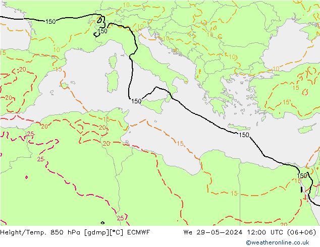 Z500/Rain (+SLP)/Z850 ECMWF mer 29.05.2024 12 UTC