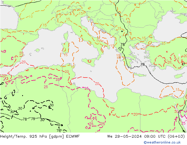 Height/Temp. 925 hPa ECMWF Mi 29.05.2024 09 UTC