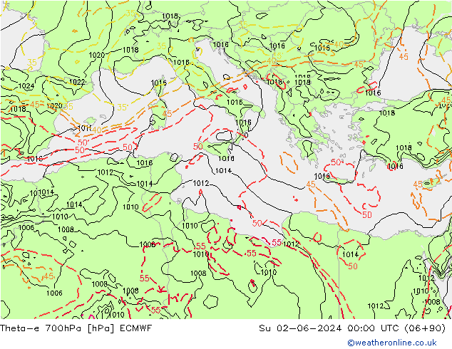 Theta-e 700hPa ECMWF  02.06.2024 00 UTC