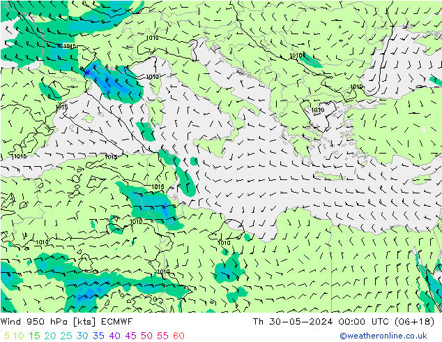 Wind 950 hPa ECMWF Čt 30.05.2024 00 UTC