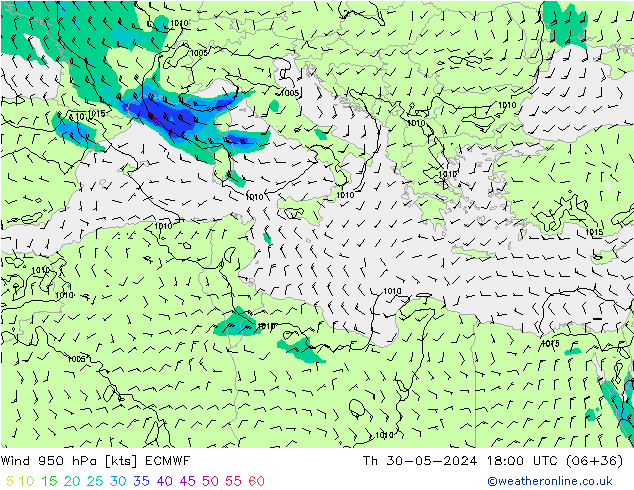 Vento 950 hPa ECMWF Qui 30.05.2024 18 UTC