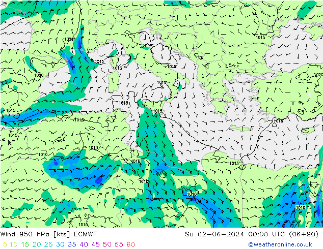 Wind 950 hPa ECMWF Ne 02.06.2024 00 UTC