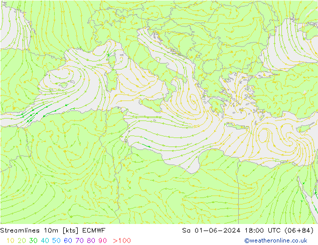 Línea de corriente 10m ECMWF sáb 01.06.2024 18 UTC