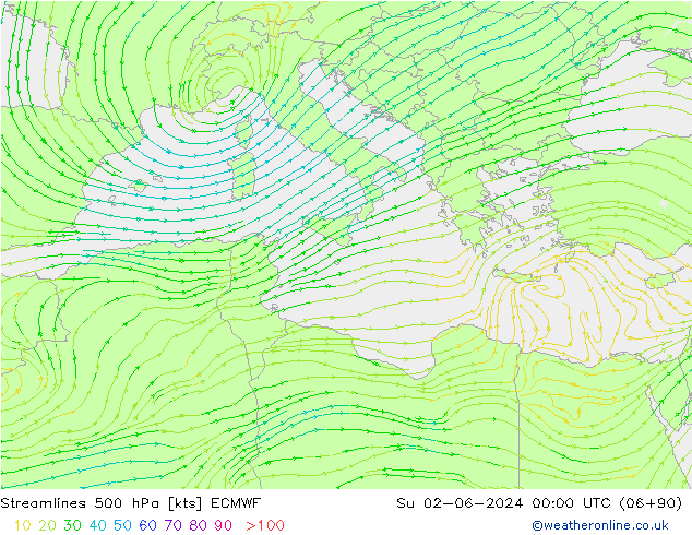 Rüzgar 500 hPa ECMWF Paz 02.06.2024 00 UTC