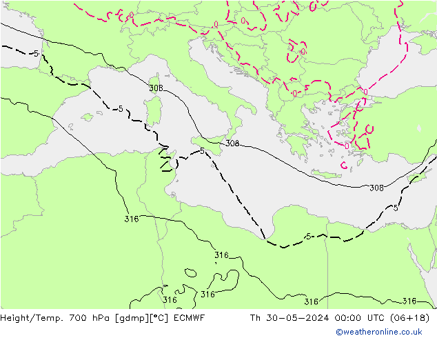 Height/Temp. 700 hPa ECMWF Čt 30.05.2024 00 UTC