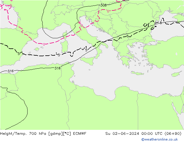 Height/Temp. 700 hPa ECMWF Ne 02.06.2024 00 UTC