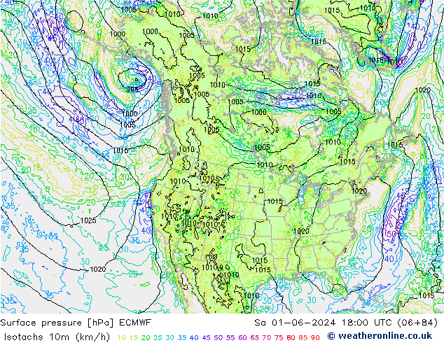 Isotachs (kph) ECMWF sab 01.06.2024 18 UTC