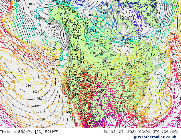 Theta-e 850гПа ECMWF Вс 02.06.2024 00 UTC