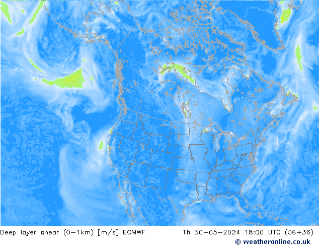 Deep layer shear (0-1km) ECMWF gio 30.05.2024 18 UTC