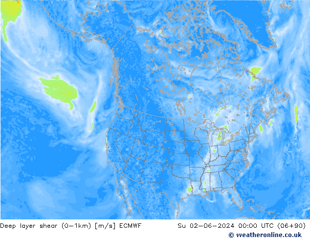 Deep layer shear (0-1km) ECMWF Su 02.06.2024 00 UTC