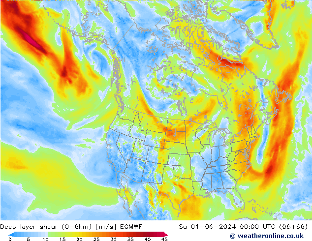 Deep layer shear (0-6km) ECMWF So 01.06.2024 00 UTC